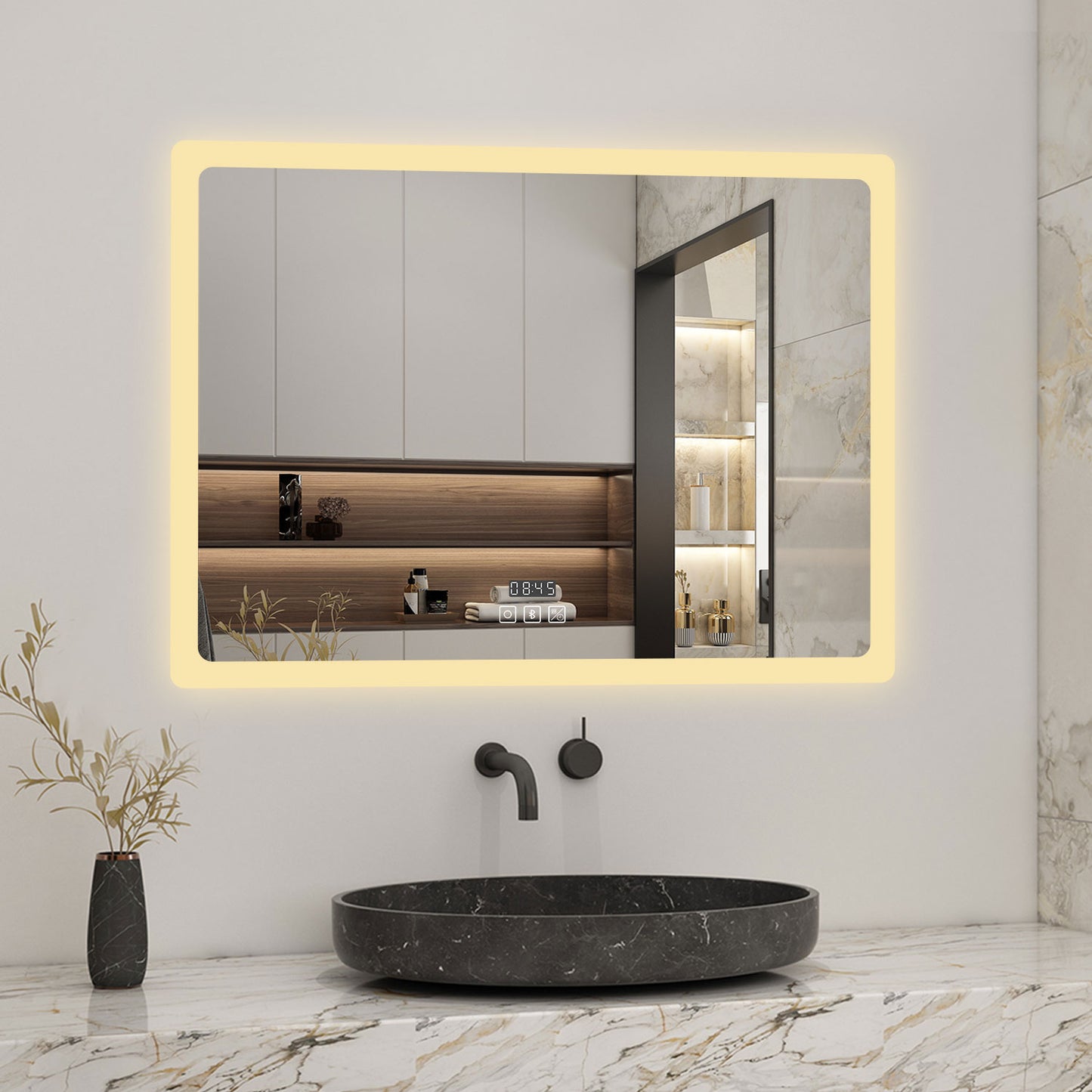 80x60cm LED Badspiegel mit Bluetooth und Uhr,Badspiegel mit Beleuchtung,Touch,Beschlagfrei,Badezimmerspiegel mit 3 Lichtfarbe 2700-6500K Dimmbar,IP44