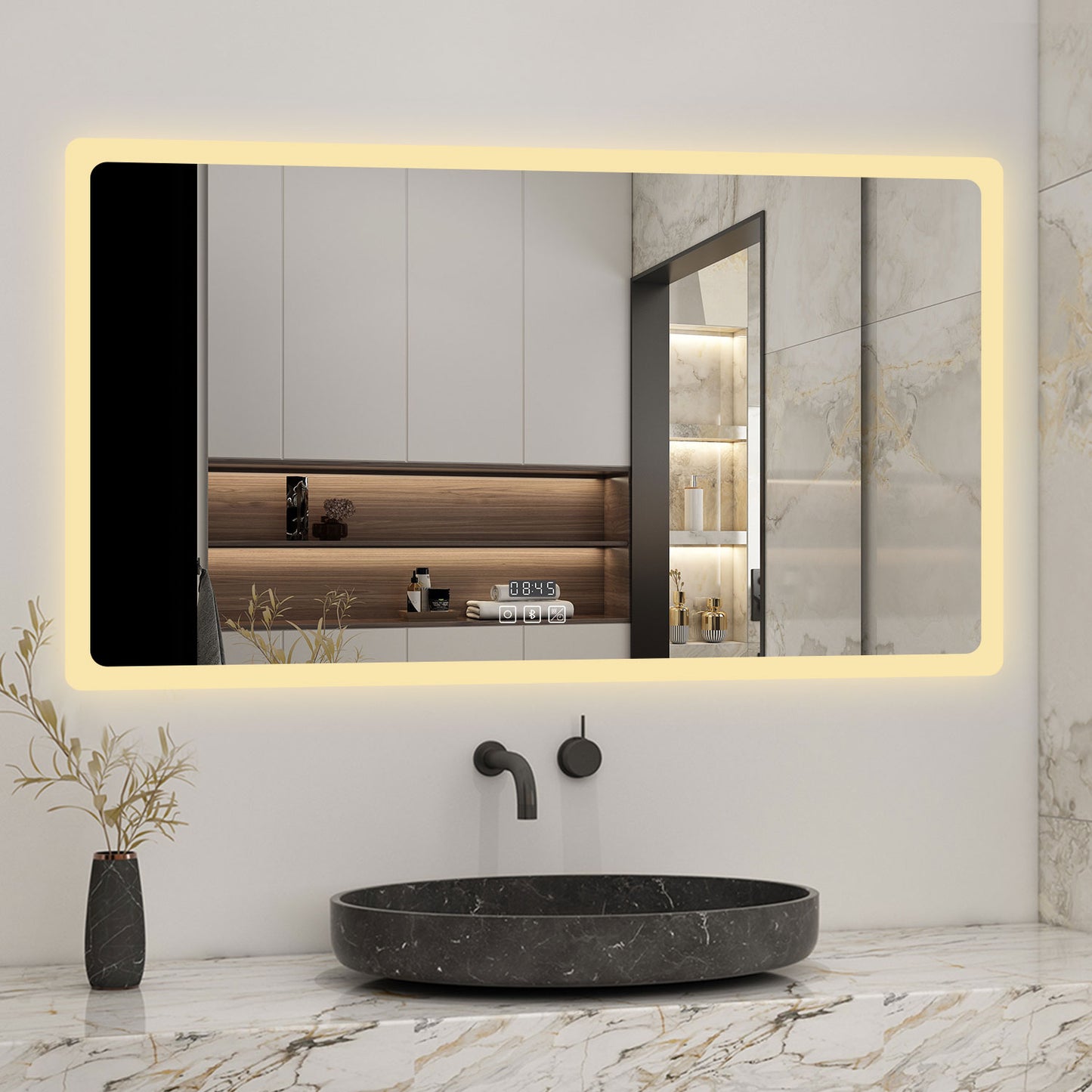 120x70cm LED Badspiegel mit Bluetooth und Uhr,Badspiegel mit Beleuchtung,Touch,Beschlagfrei,Badezimmerspiegel mit 3 Lichtfarbe 2700-6500K Dimmbar,IP44