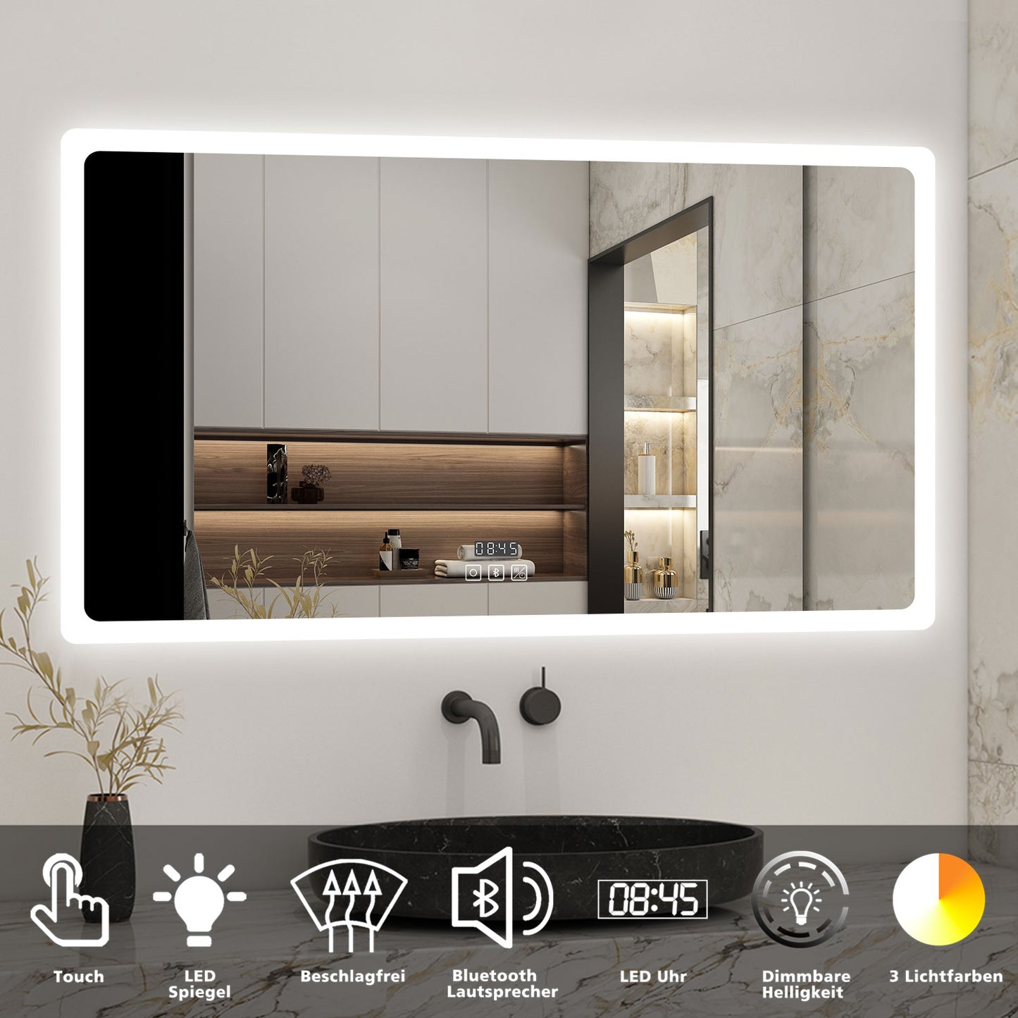 120x70cm LED Badspiegel mit Bluetooth und Uhr,Badspiegel mit Beleuchtung,Touch,Beschlagfrei,Badezimmerspiegel mit 3 Lichtfarbe 2700-6500K Dimmbar,IP44