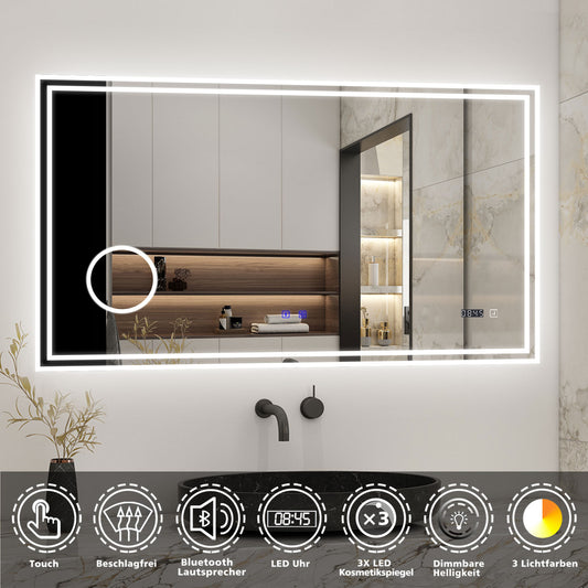 Badspiegel mit Beleuchtung 160x80cm LED Wandspiegel mit Bluetooth, Uhr,Touch und 3x Vergrößernder Kosmetikspiegel,Badezimmerspiegel Beschlagfrei 3 Lichtfarbe 2700-6500K Dimmbar,IP44