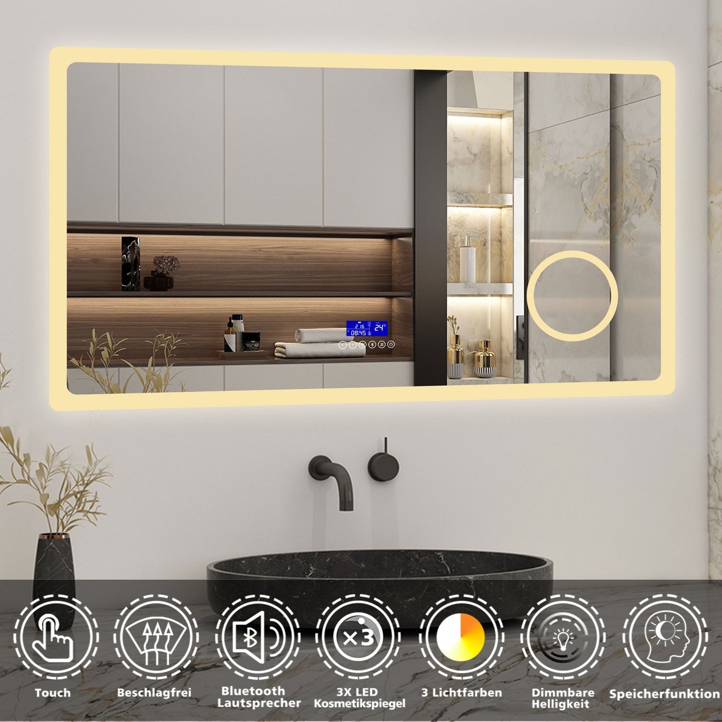 120x70cm LED Badspiegel mit Bluetooth,Touch und 3x Vergrößernder Kosmetikspiegel,Badspiegel mit Beleuchtung,Beschlagfrei,Badezimmerspiegel mit 3 Lichtfarbe 2700-6500K Dimmbar,IP44