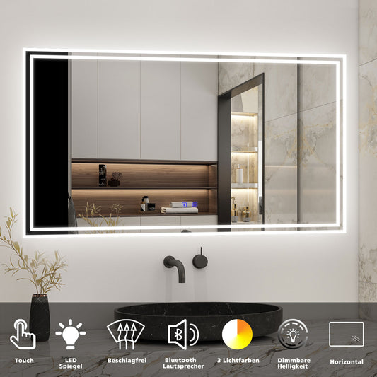 Badspiegel mit Beleuchtung 120x70cm LED Wandspiegel mit Touch und Bluetooth,Badezimmerspiegel Beschlagfrei 3 Lichtfarbe 2700-6500K Dimmbar,IP44
