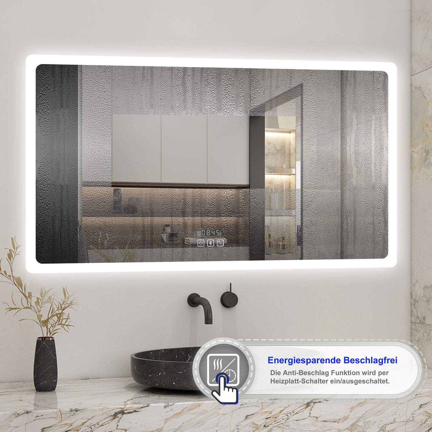 120x70cm LED Badspiegel mit Bluetooth und Uhr,Badspiegel mit Beleuchtung,Touch,Beschlagfrei,Badezimmerspiegel mit 3 Lichtfarbe 2700-6500K Dimmbar,IP44