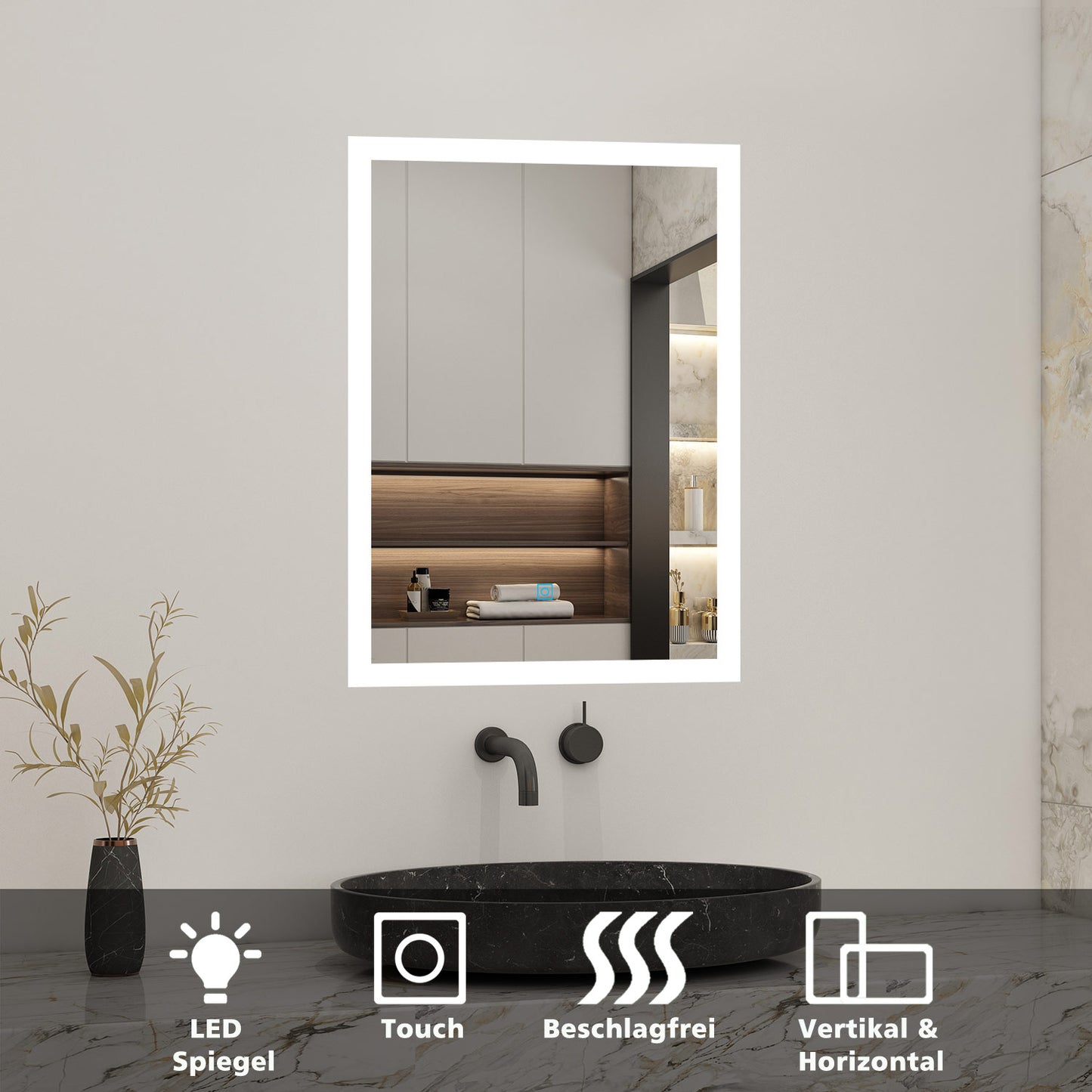 50x70cm LED Badspiegel mit Touch-Schalter,Badspiegel mit Beleuchtung,Beschlagfrei,Badezimmerspiegel mit Kaltweiß,IP44