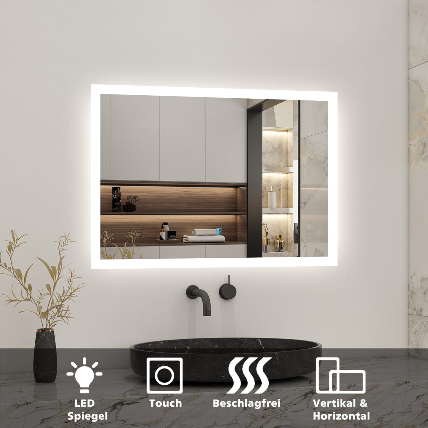 80x60cm LED Badspiegel mit Touch-Schalter,Badspiegel mit Beleuchtung,Beschlagfrei,Badezimmerspiegel mit Kaltweiß,IP44