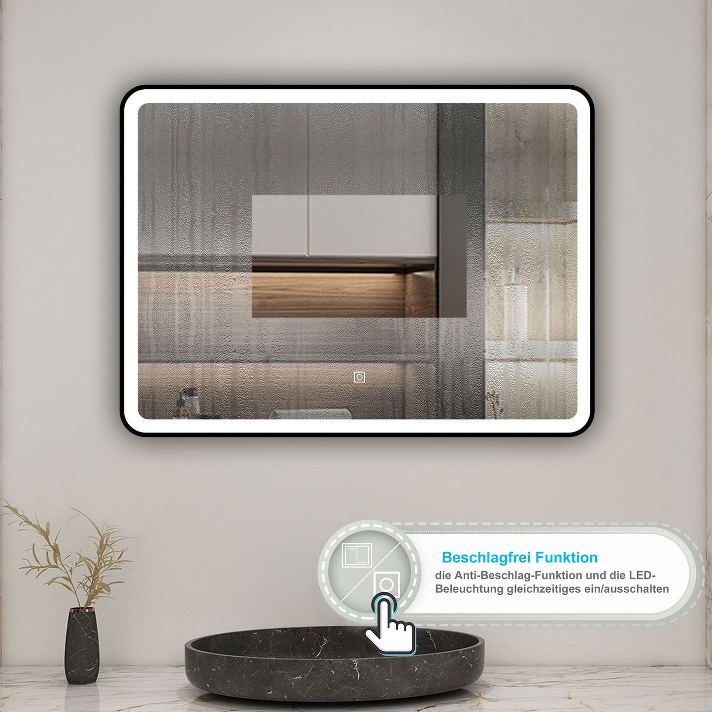 LED Badspiegel 70x50cm Touch/Wandschalter Beschlagfrei 3 Lichtfarbe 3000K-6000K+Dimmbar Badezimmerspiegel mit Schwarz Rahmen Wandspiegel IP44