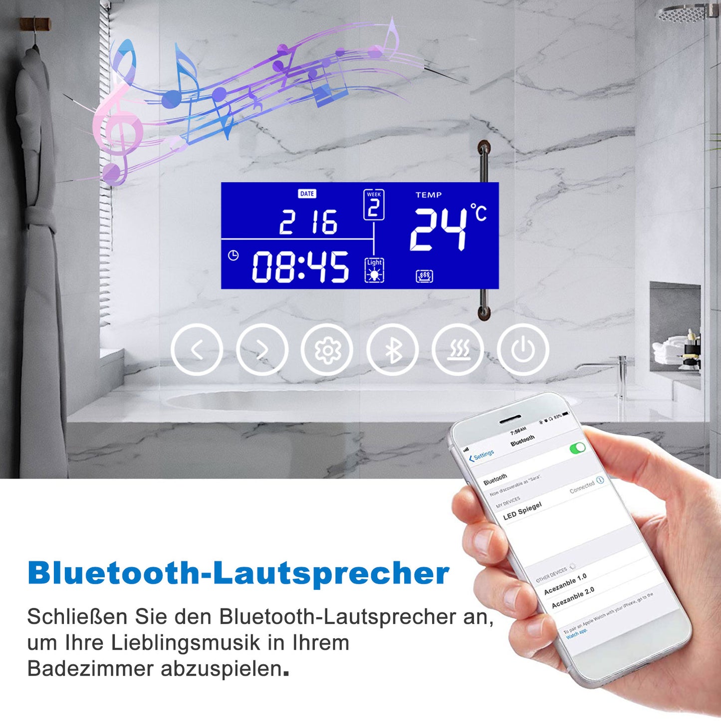 100x60cm LED Badspiegel mit Bluetooth,Touch und 3x Vergrößernder Kosmetikspiegel,Badspiegel mit Beleuchtung,Beschlagfrei,Badezimmerspiegel mit 3 Lichtfarbe 2700-6500K Dimmbar,IP44