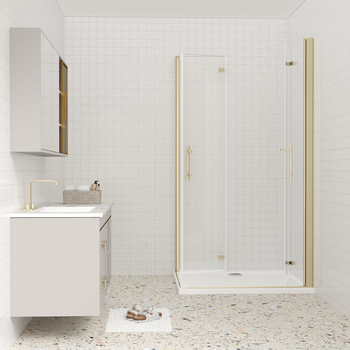 AICA Eckdusche 195cm Gold | Falttür Duschkabine Nano-Glas | 6mm ESG Duschabtrennung mit Eckeinstieg & Hebe-Senk-Funktion