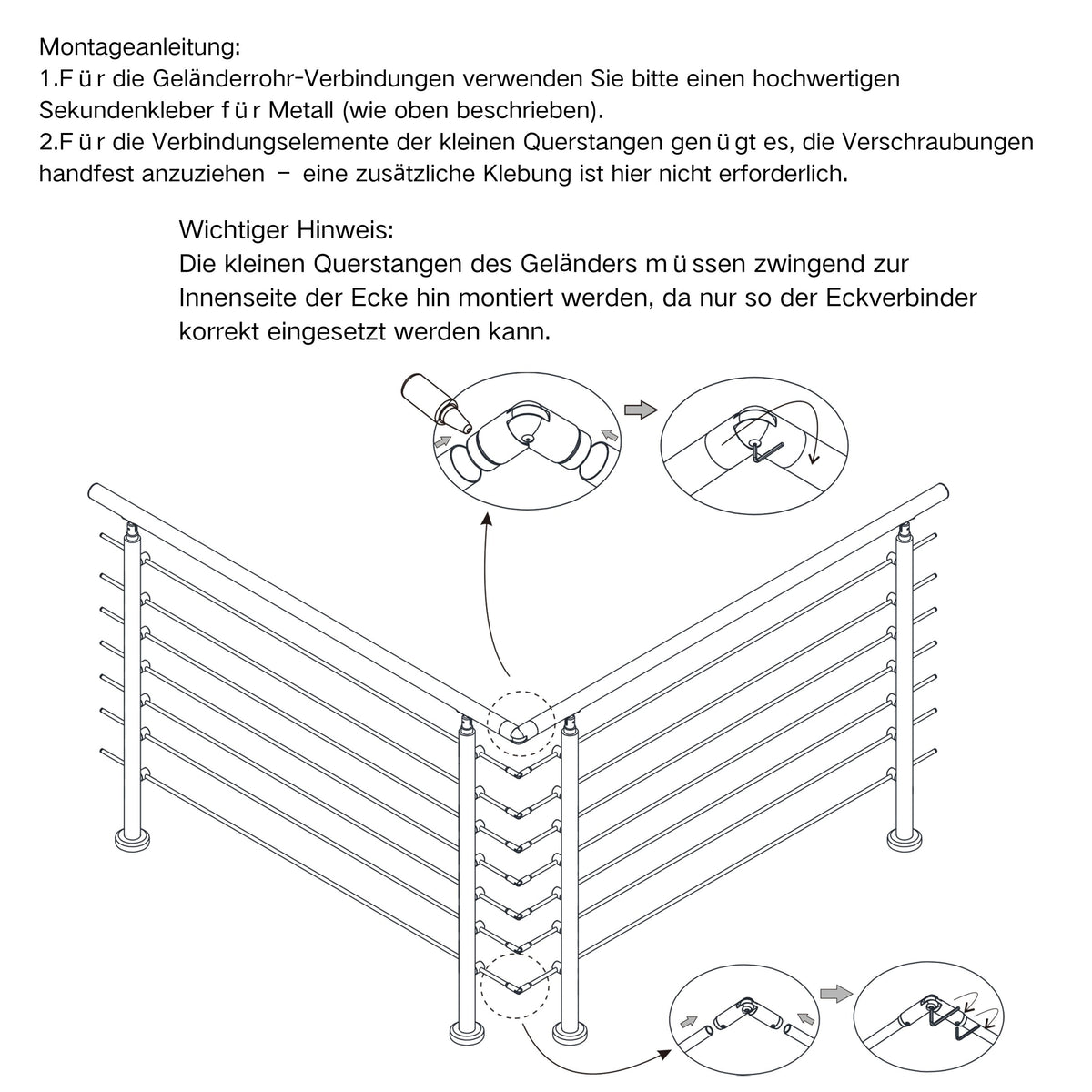 Edelstahl 304 V2A Geländer Verbinderset für universelle Verbindung mehrerer Geländer