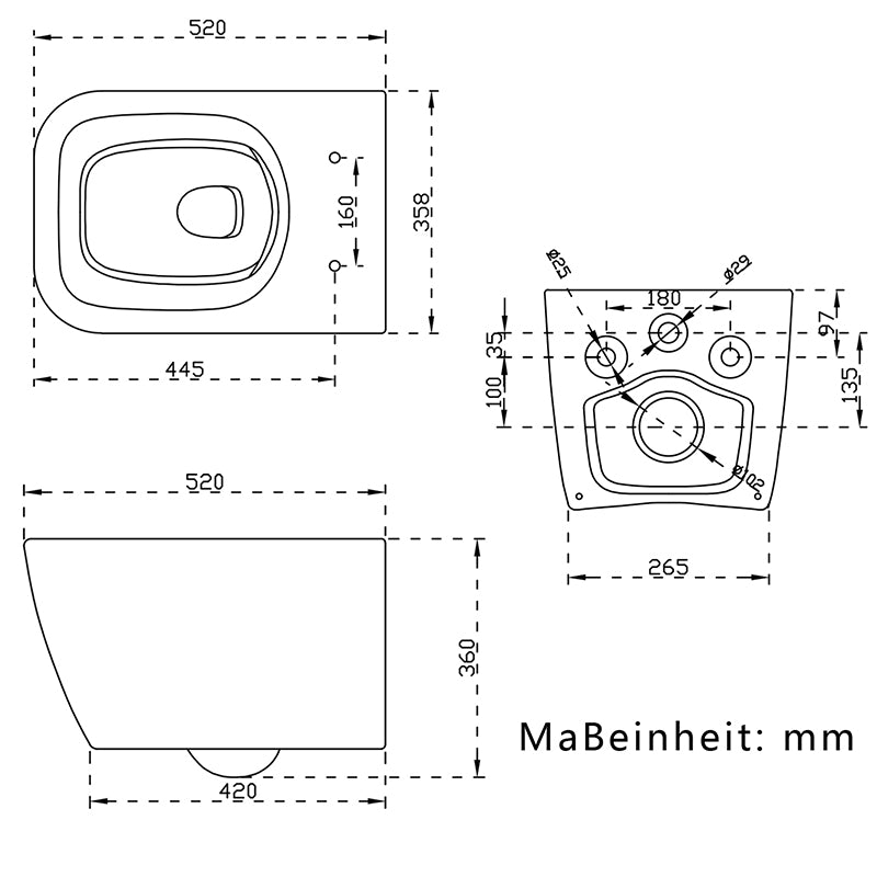 Wand-Tiefspül-WC Wand-WC Keramiktoilette Weiß 52x36xH.36 cm