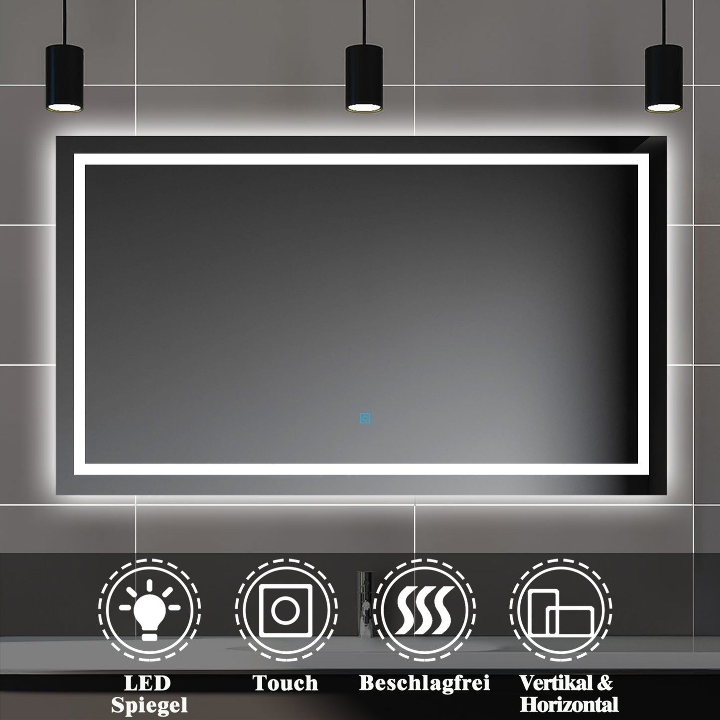 Badspiegel mit Beleuchtung,100x80cm LED Wandspiegel mit Touch-Schalter,Beschlagfrei,Badezimmerspiegel mit Kaltweiß,IP44