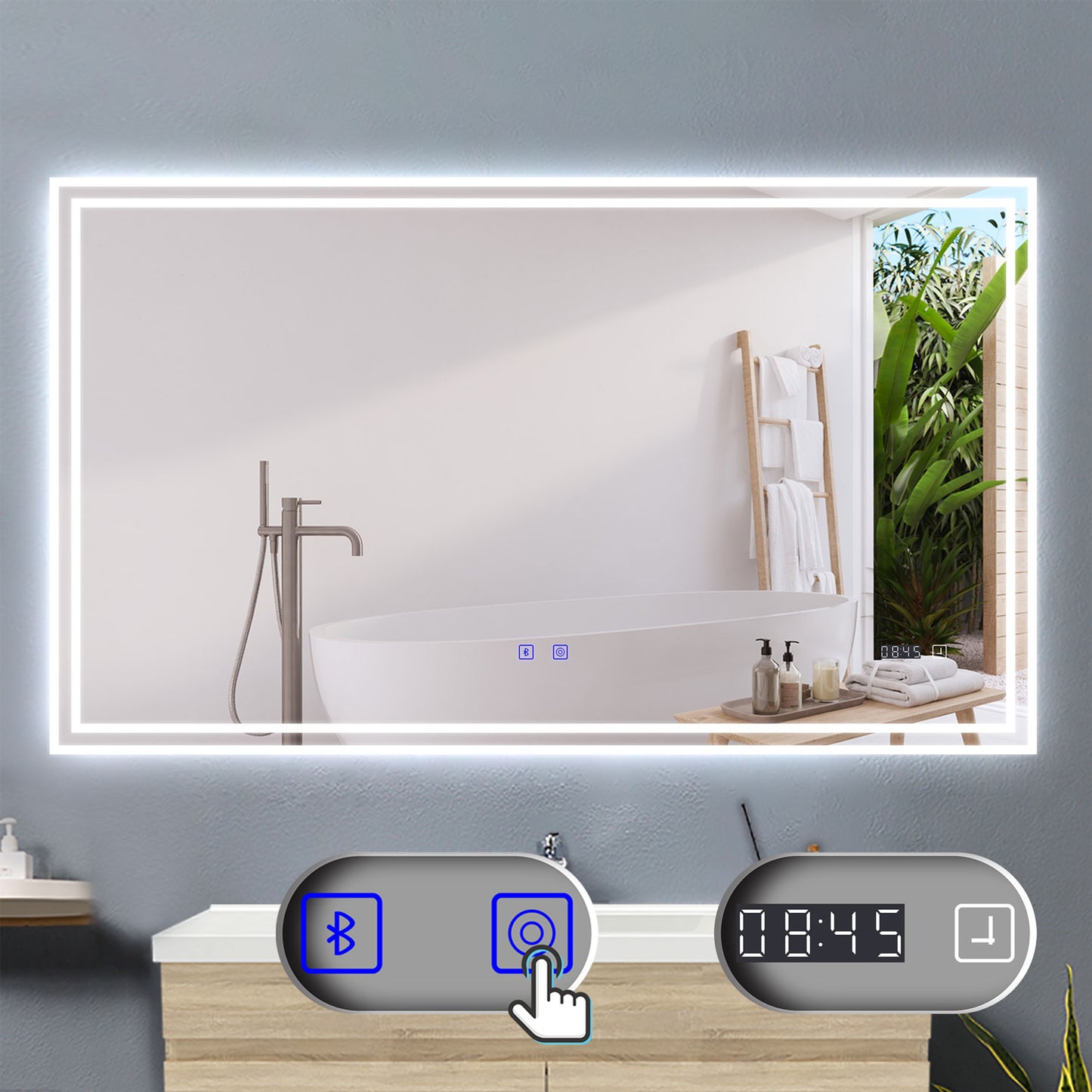 LED Badzimmerspiegel mit Beschlagfrei Badspiegel Kaltweiß Neutralweiß Warmweiß Dimmbar Bluetooth Uhr Speicherfunktion Wandspiegel
