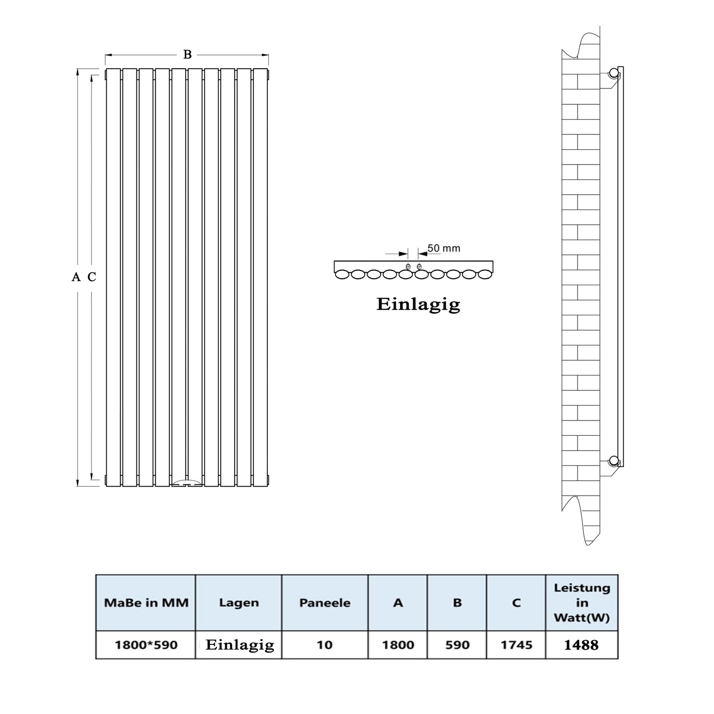Design Heizkörper Oval Röhrenheizkörper 1800×590mm Doppellagig Weiß Großwahl