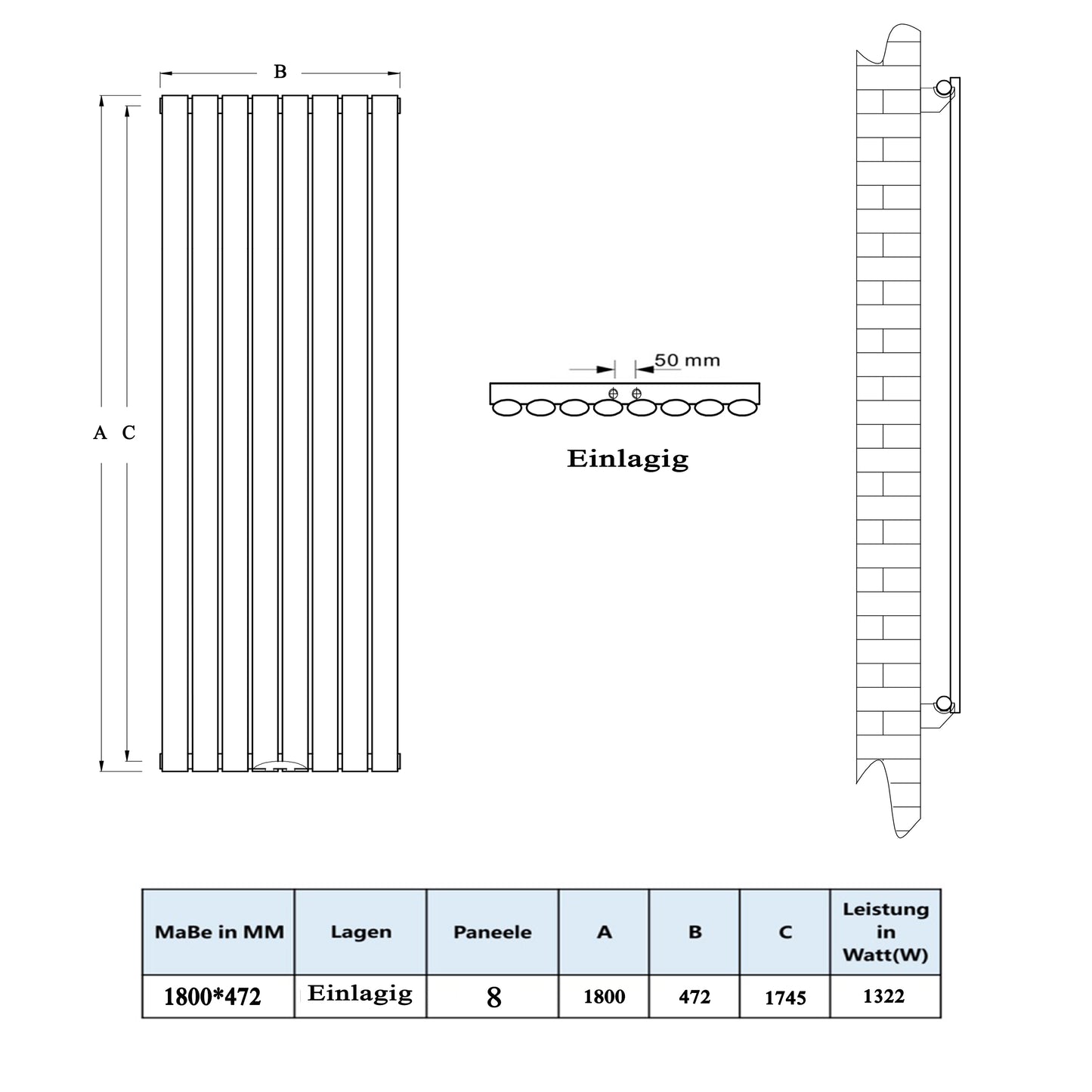 Design Heizkörper Oval Röhrenheizkörper 1800×590mm Doppellagig Weiß Großwahl