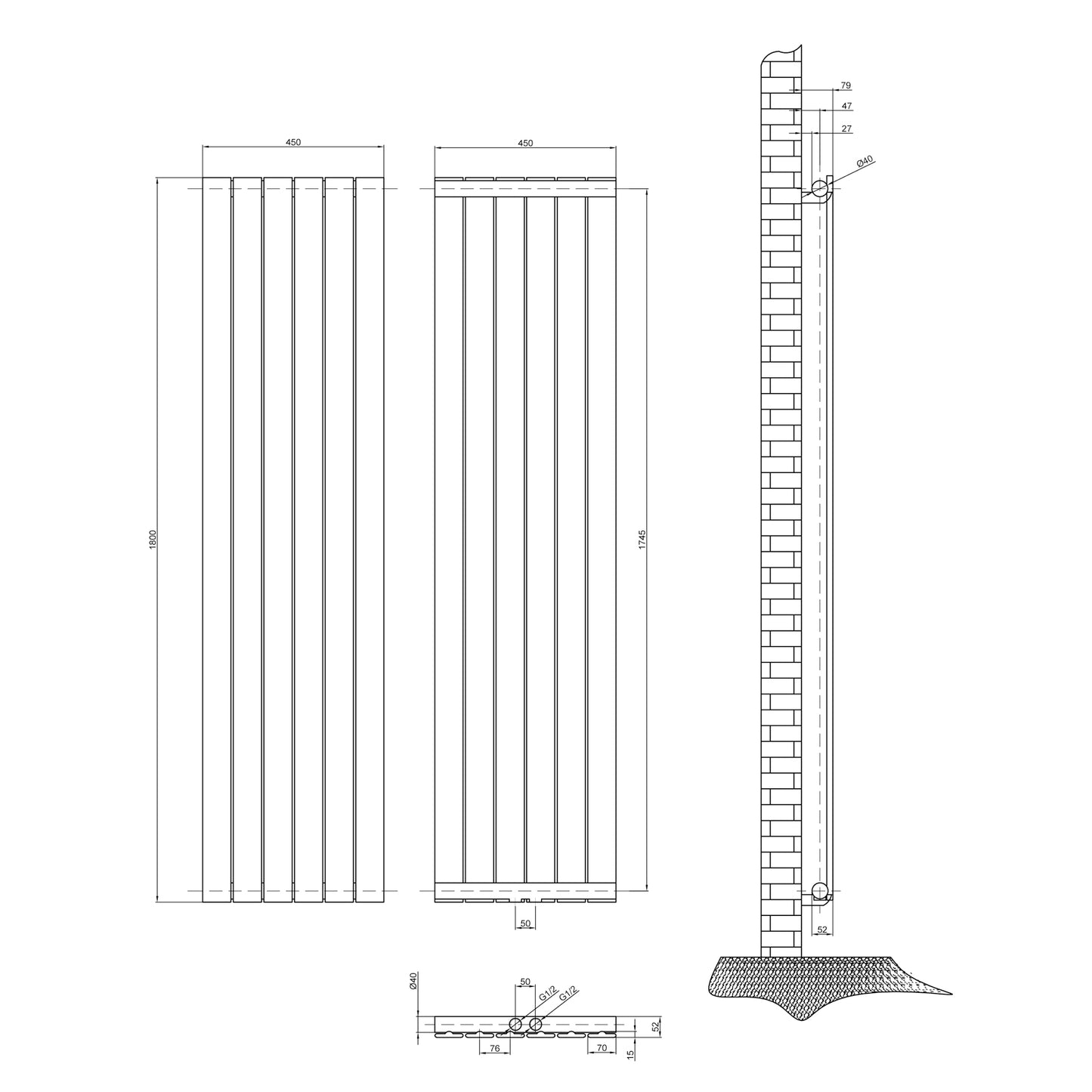 Design heizkörper flach 1800x450mm weiss Einlagig