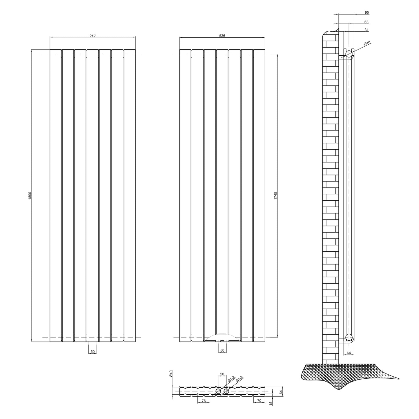 Design heizkörper flach 1800x526mm anthrazit Doppellagig