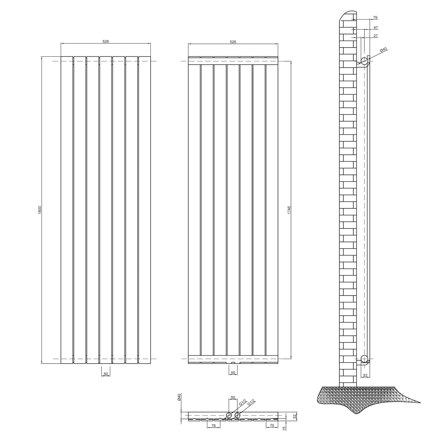 Design heizkörper flach 1800x526mm weiss Einlagig