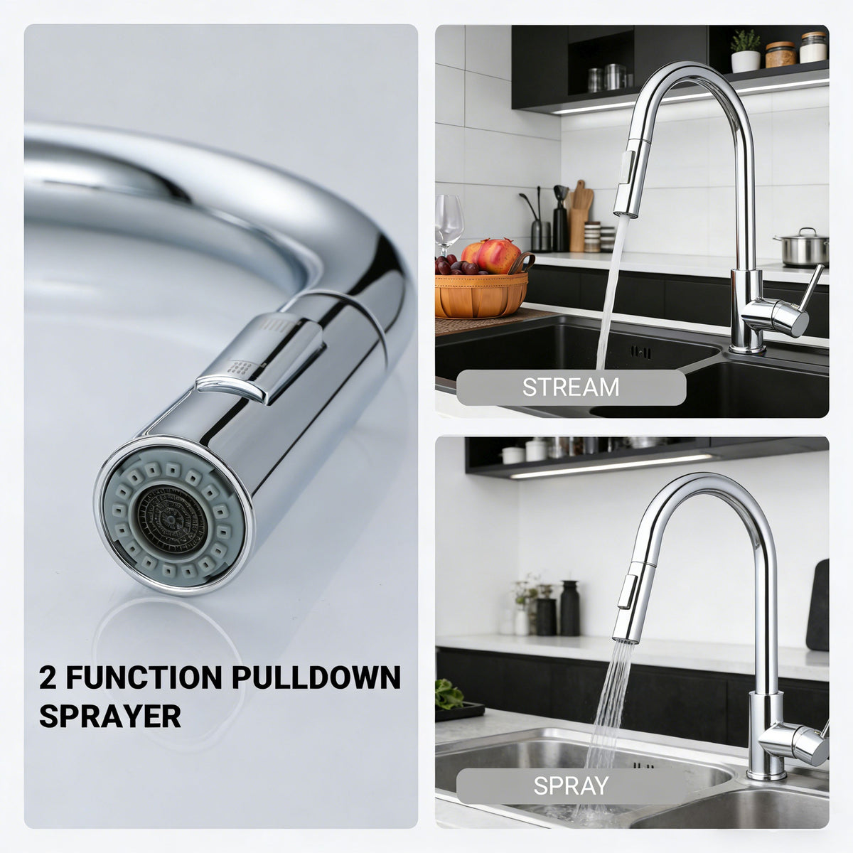 AICA Küchenarmatur mit ausziehbarer Brause & 2 Strahlarten Messingkern Wasserhahn Küche in Chrom & Schwarz Matt