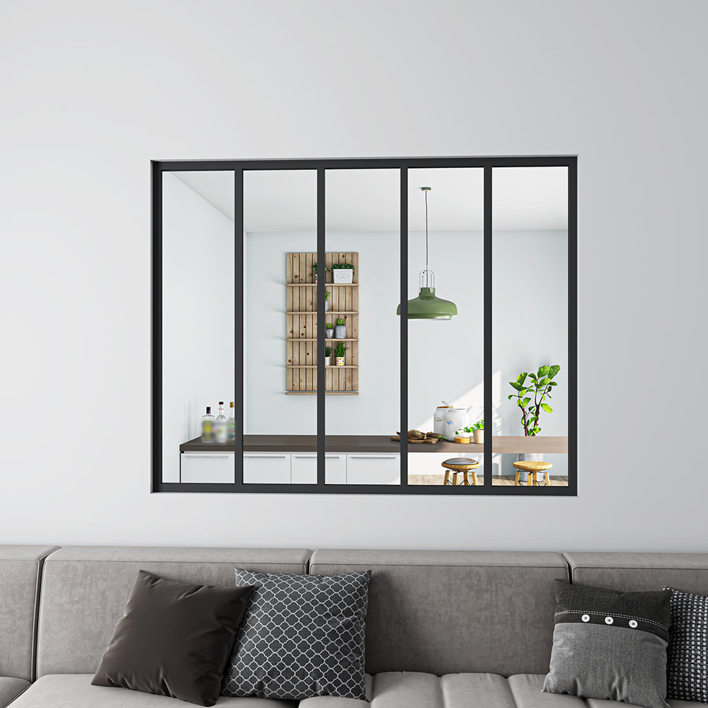 Schwarzes Innenfenster feststehend gehärtetes Klarglas H.108 cm
