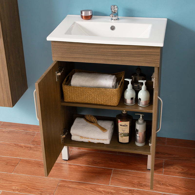 Badmöbel Set 60 cm Weiß/Walnuss Waschbecken mit Unterschrank freistehend Waschtisch Keramikbecken Weiß/Walnuss