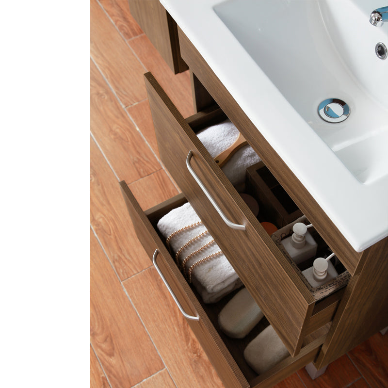 Badmöbel Set 60 cm Weiß/Walnuss Waschbecken mit Unterschrank Waschtisch Keramikbecken