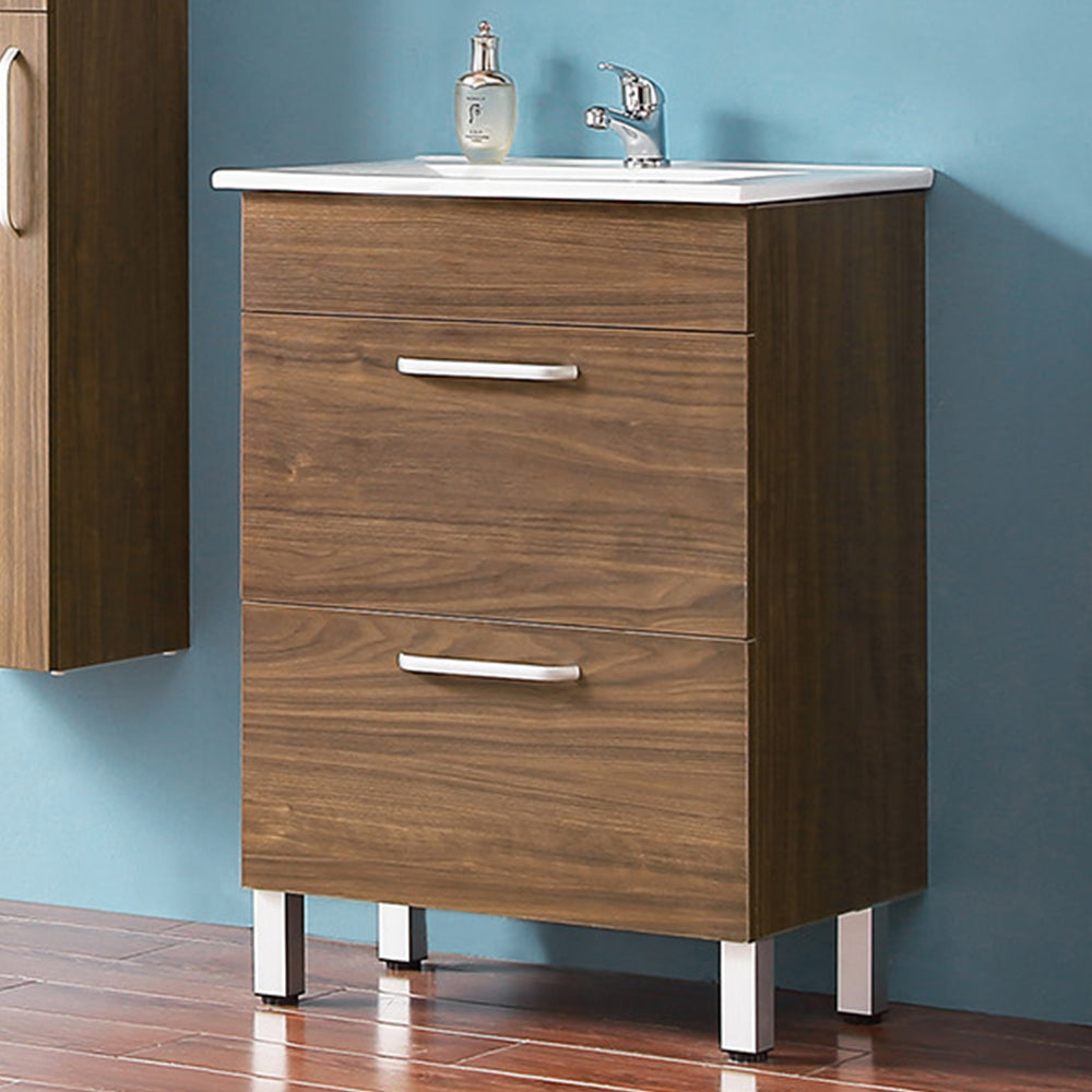 Badmöbel Set 60 cm Weiß/Walnuss Waschbecken mit Unterschrank Waschtisch Keramikbecken