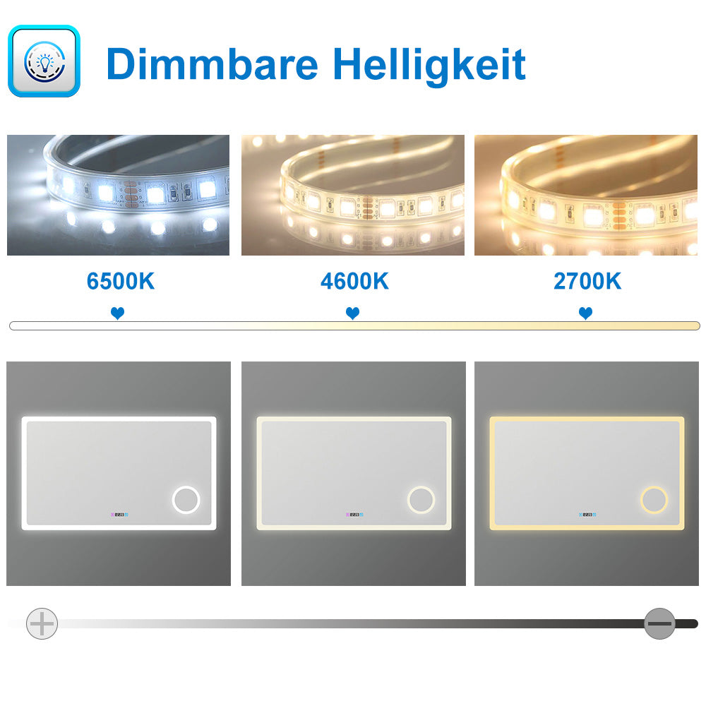 LED Badspiegel 80 -160 cm 3 Lichtfarbe 2700-6500K Wandspiegel mit Uhr, Touch, Beschlagfrei,3-Fach Vergrößerung Schminkspiegel IP44 Kalt/Neutral/Warmweiß energiesparend