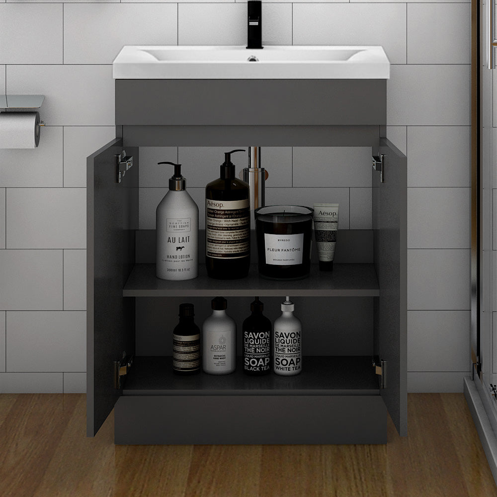 Badmöbel Set 50 cm Anthrazit Waschbecken mit Unterschrank Waschtisch Keramikbecken Freistehend