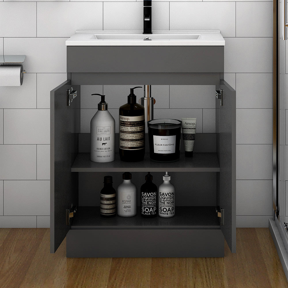 Badmöbel Set 60 cm Anthrazit Waschbecken mit Unterschrank Waschtisch Keramikbecken Freistehend