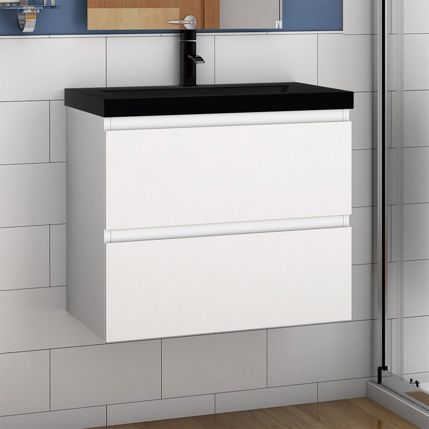 Badmöbel-Set 60 cm vormontierter Unterschrank, inkl. 2 Schubladen mit Soft-Close-Funktion,Waschtisch schwarz