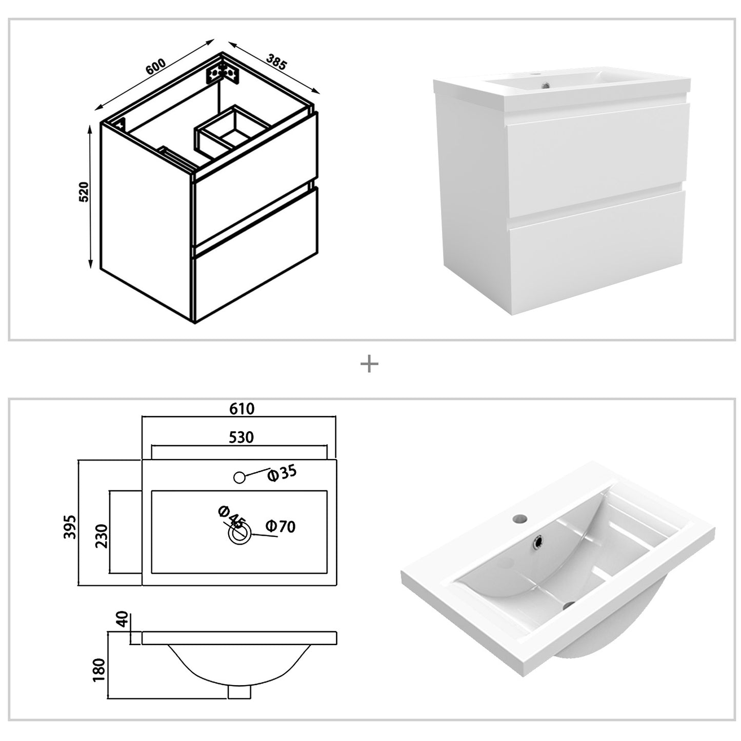 Waschtisch mit Unterschrank 60 cm Badmöbel Set mit Waschbecken Gäste WC Weiß Matt
