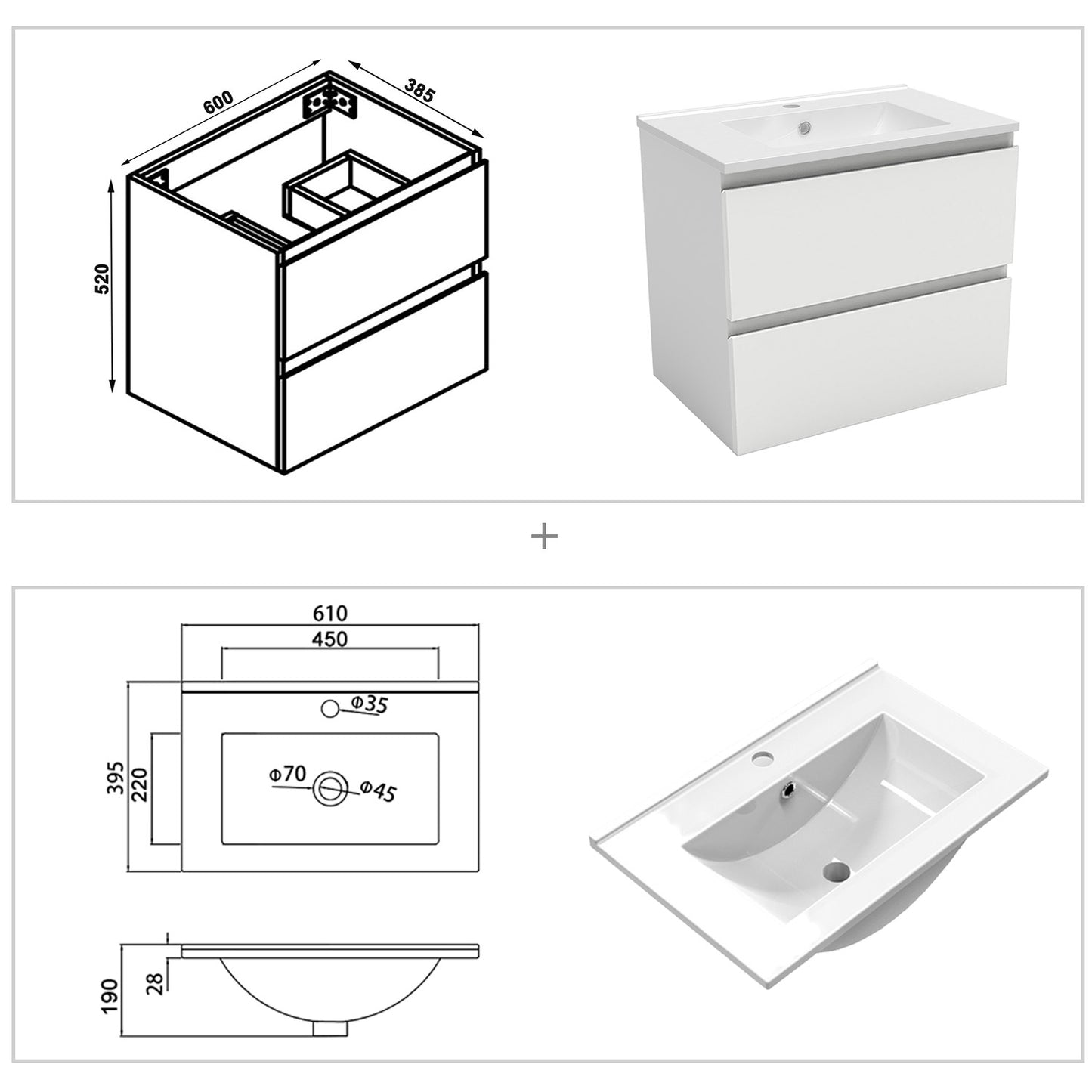 Waschtisch mit Unterschrank 60 cm Badmöbel Set mit Waschbecken Gäste WC Weiß Matt