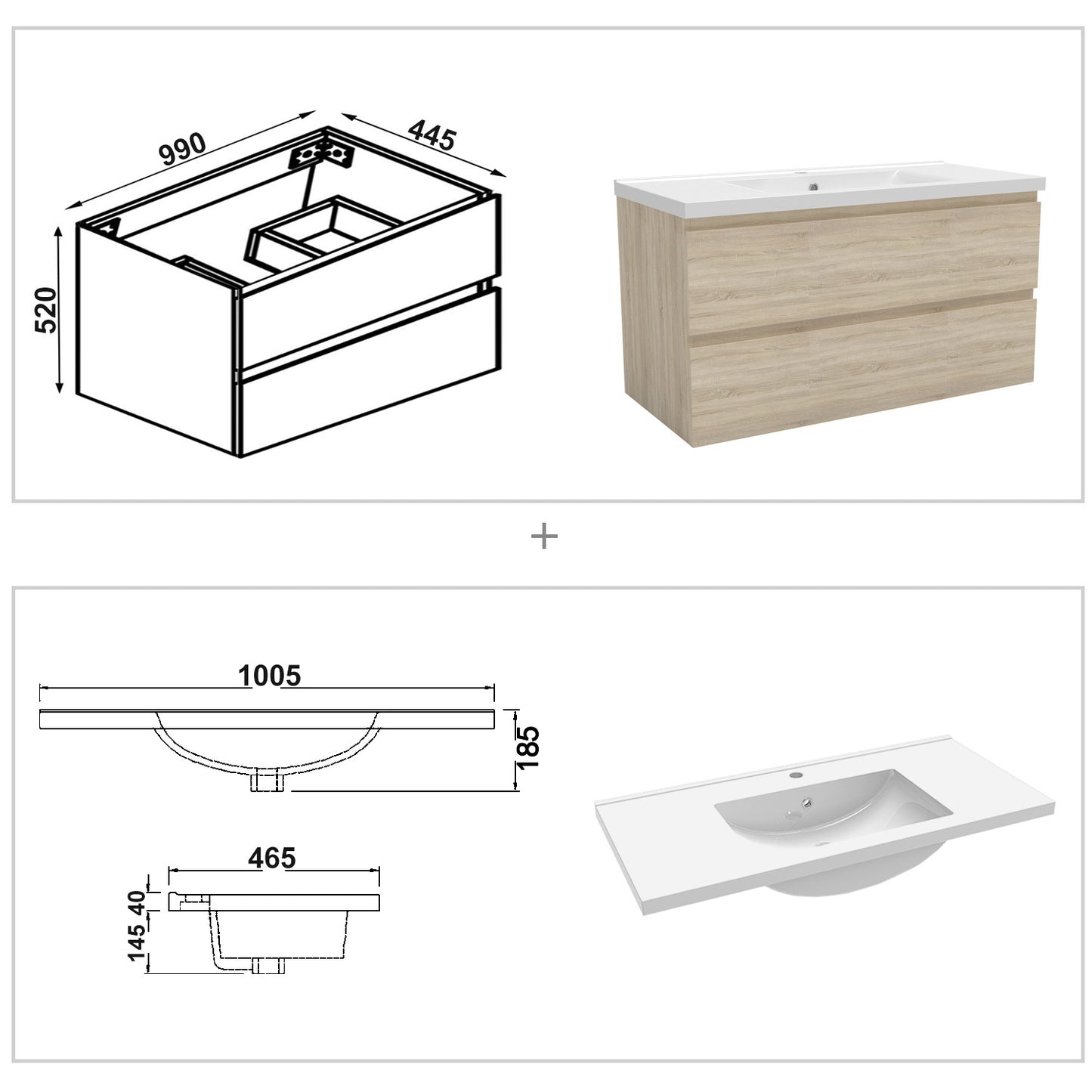 Badmöbel Set 100cm Badezimmer Waschtisch mit Unterschrank Weiß/Anthrazit/Eiche
