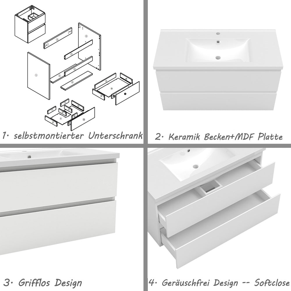 Badmöbel Set 100cm Badezimmer Waschtisch mit Unterschrank Weiß/Anthrazit/Eiche