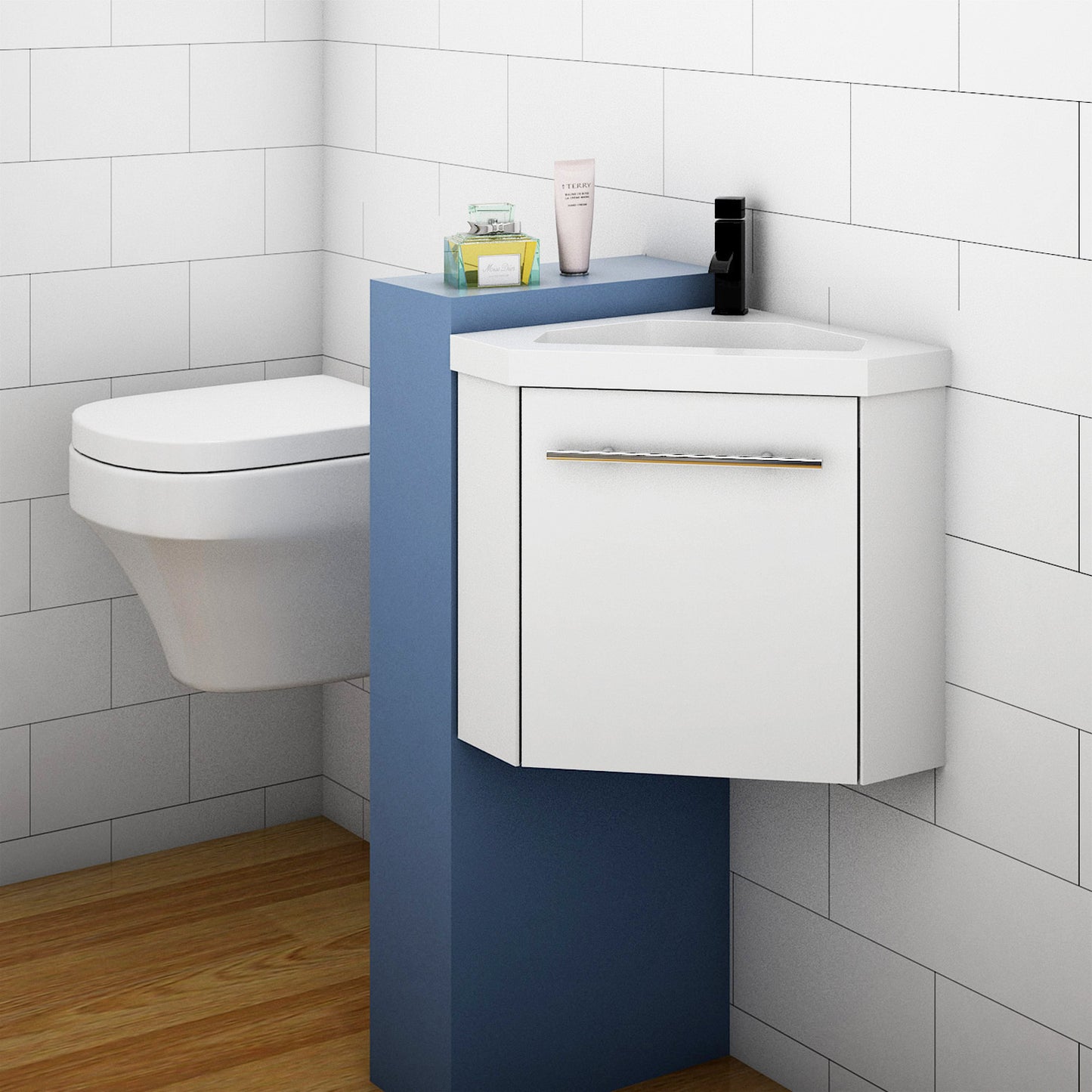 Eck-Badmöbel Set AURORA 45 cm Weiß/Eiche Natur/Anthrazit Eckwaschbecken mit Unterschrank Waschtisch Waschbecken
