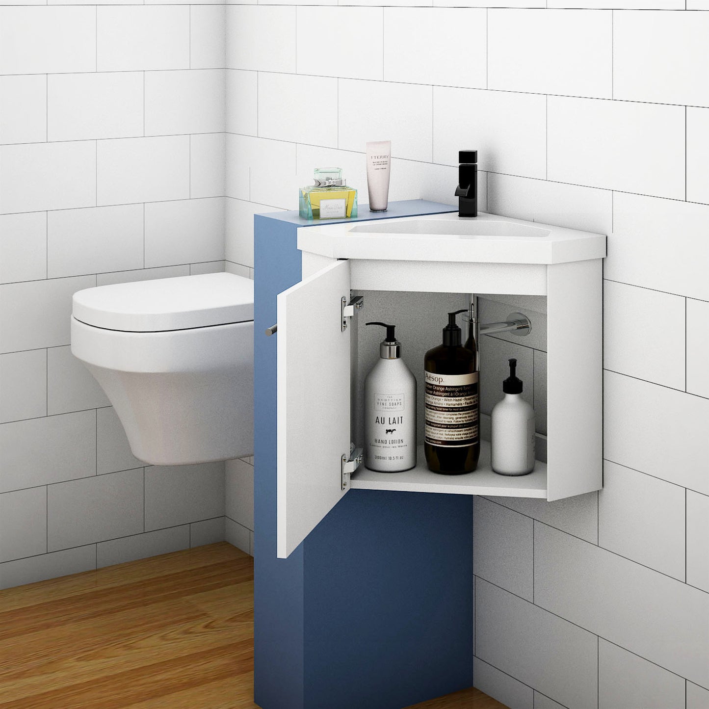 Eck-Badmöbel Set AURORA 45 cm Weiß/Eiche Natur/Anthrazit Eckwaschbecken mit Unterschrank Waschtisch Waschbecken