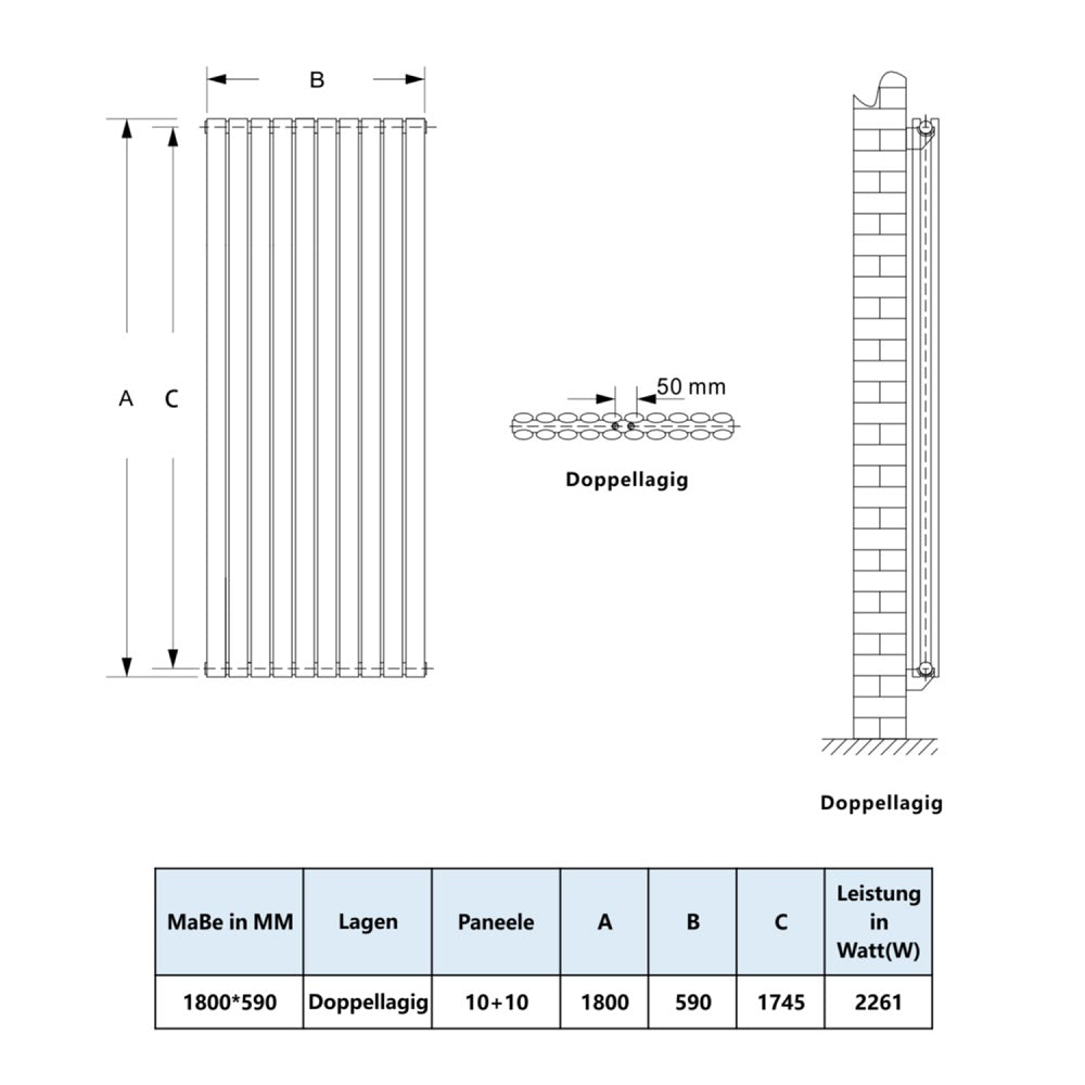 Design Heizkörper Oval Röhrenheizkörper 1800×590mm Doppellagig Weiß Großwahl