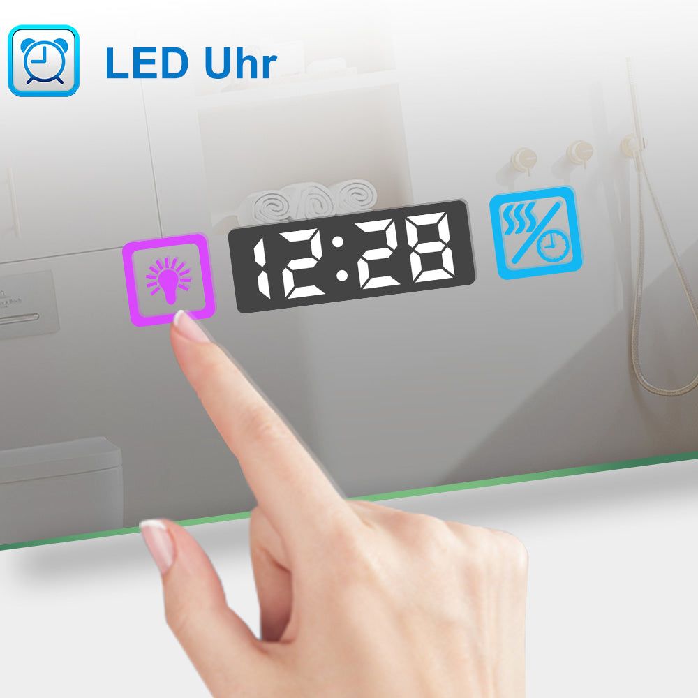 LED Badspiegel 80 -160 cm 3 Lichtfarbe 2700-6500K Wandspiegel mit Uhr, Touch, Beschlagfrei,3-Fach Vergrößerung Schminkspiegel IP44 Kalt/Neutral/Warmweiß energiesparend