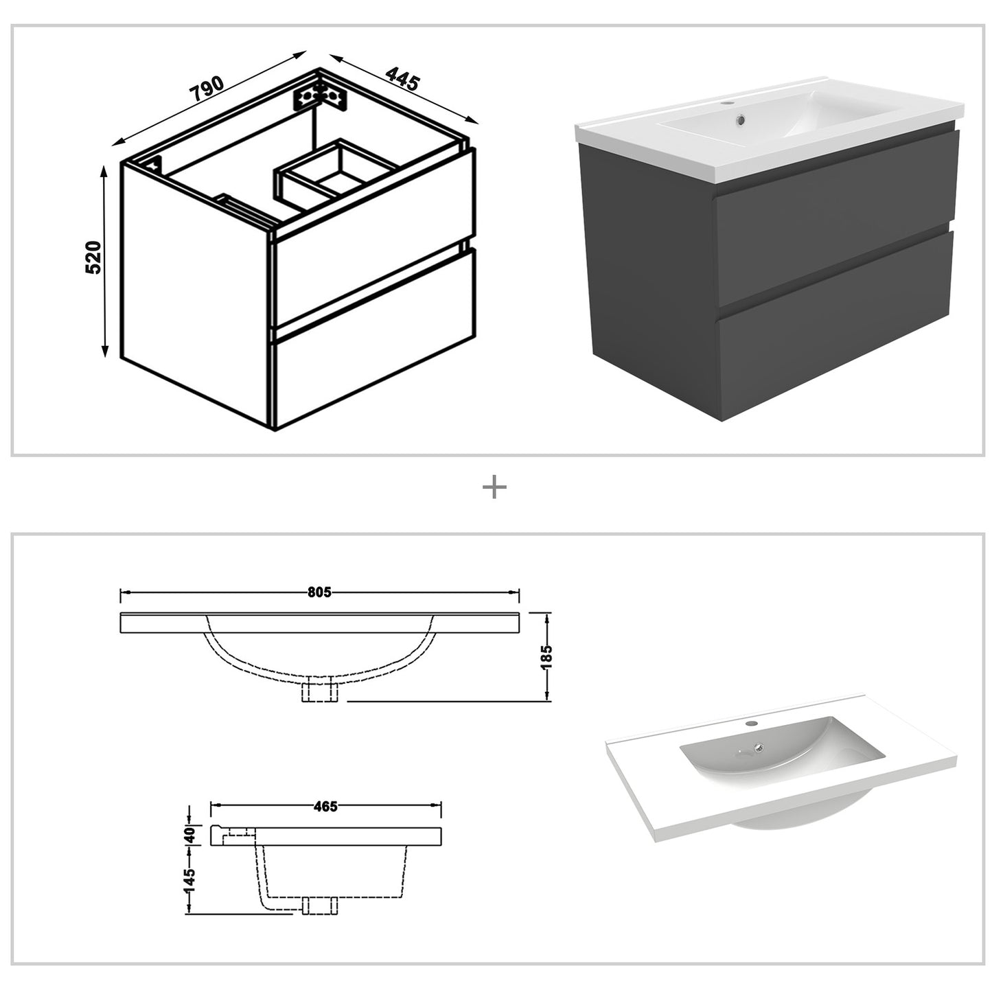 Waschtisch mit Unterschrank 80 cm Badezimmer Waschtisch mit Unterschrank Weiß Matt/Anthrazit Matt