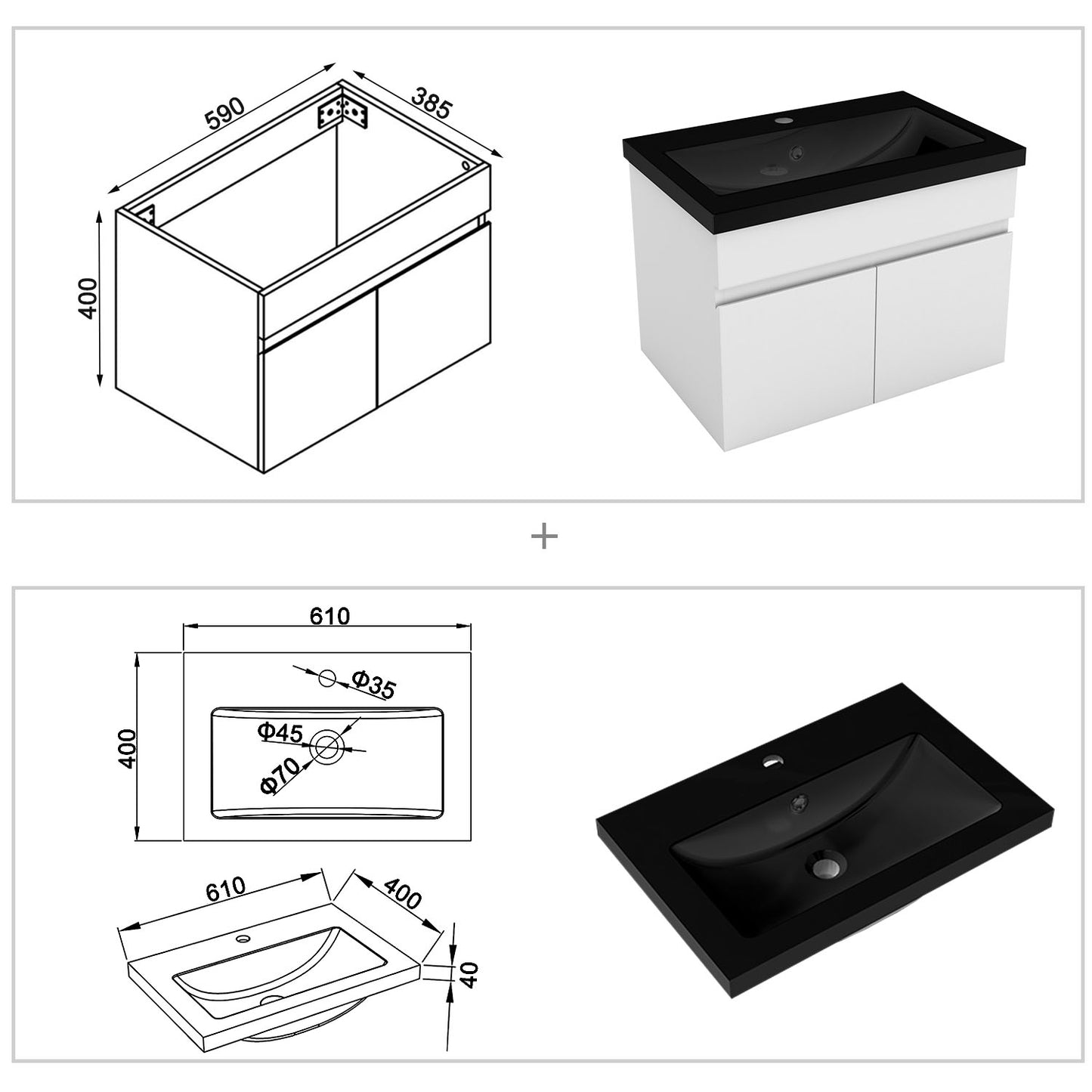 Waschtisch mit Unterschrank 60 cm Badmöbel Set mit Waschbecken Gäste WC Weiß Matt