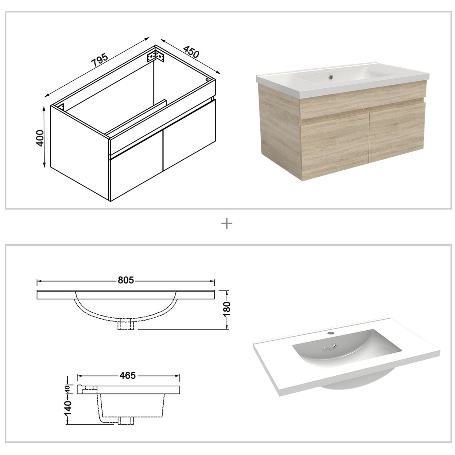 Badmöbel Set 80 cm Badezimmer Waschtisch mit Unterschrank Weiß Matt/Eiche Matt
