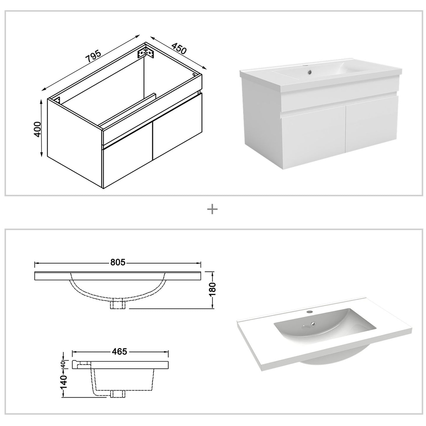 Badmöbel Set 80 cm Badezimmer Waschtisch mit Unterschrank Weiß Matt/Eiche Matt
