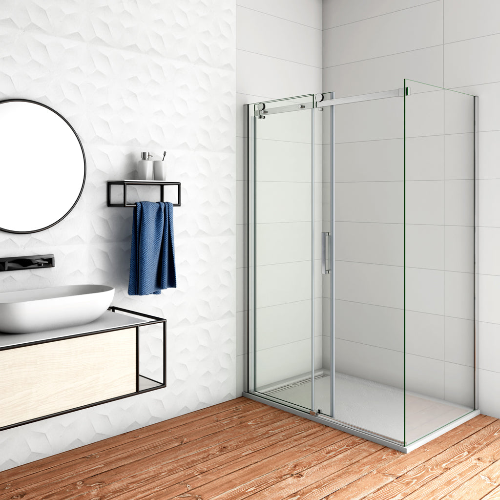 Duschtür+Seitenwand 145x80 cm H.195 cm Schiebetür 8mm NANO Glas Duschkabine Duschwand
