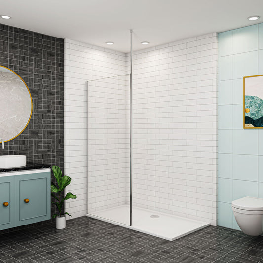 Aica Walk in 130 cm Duschwand 8mm NANO Glas Offen Stützstange Duschabtrennung