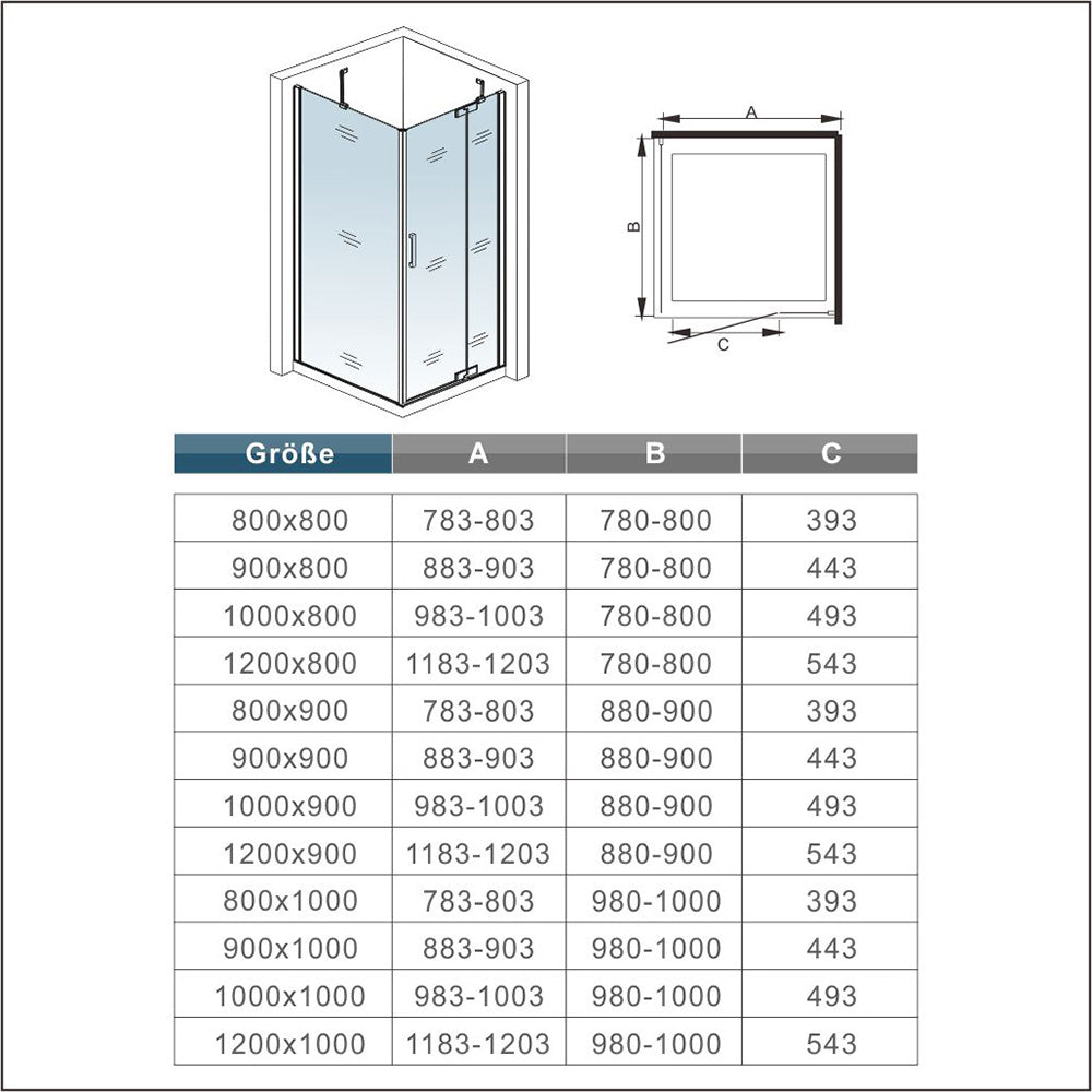 200cm Duschkabine Duschabtrennung Drehtür 8mm NANO Glas + Seitenwand