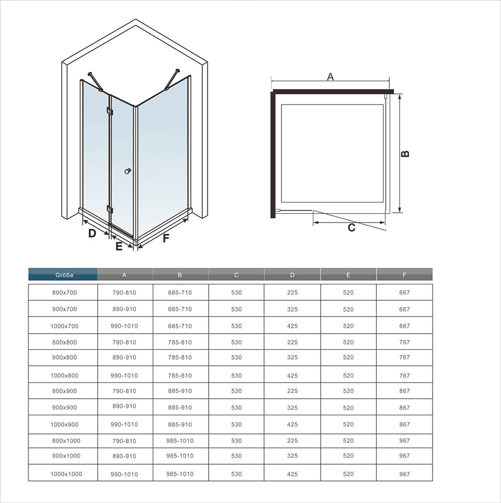 Duschabtrennung 80-120cm Scharniertür 70-100cm Duschwand 8mm Glas