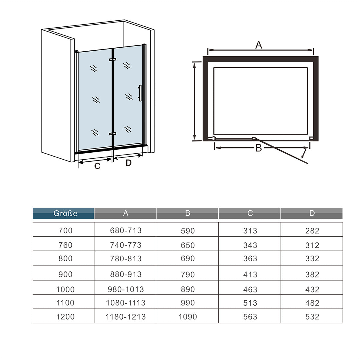 Dusche Falttür Glas 80 cm Dreh-Falttür 2-teilig für Nische H.197 cm