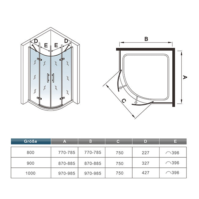 90x90 80x80 Viertelkreis rund Duschkabine Glas Höhe: 195cm