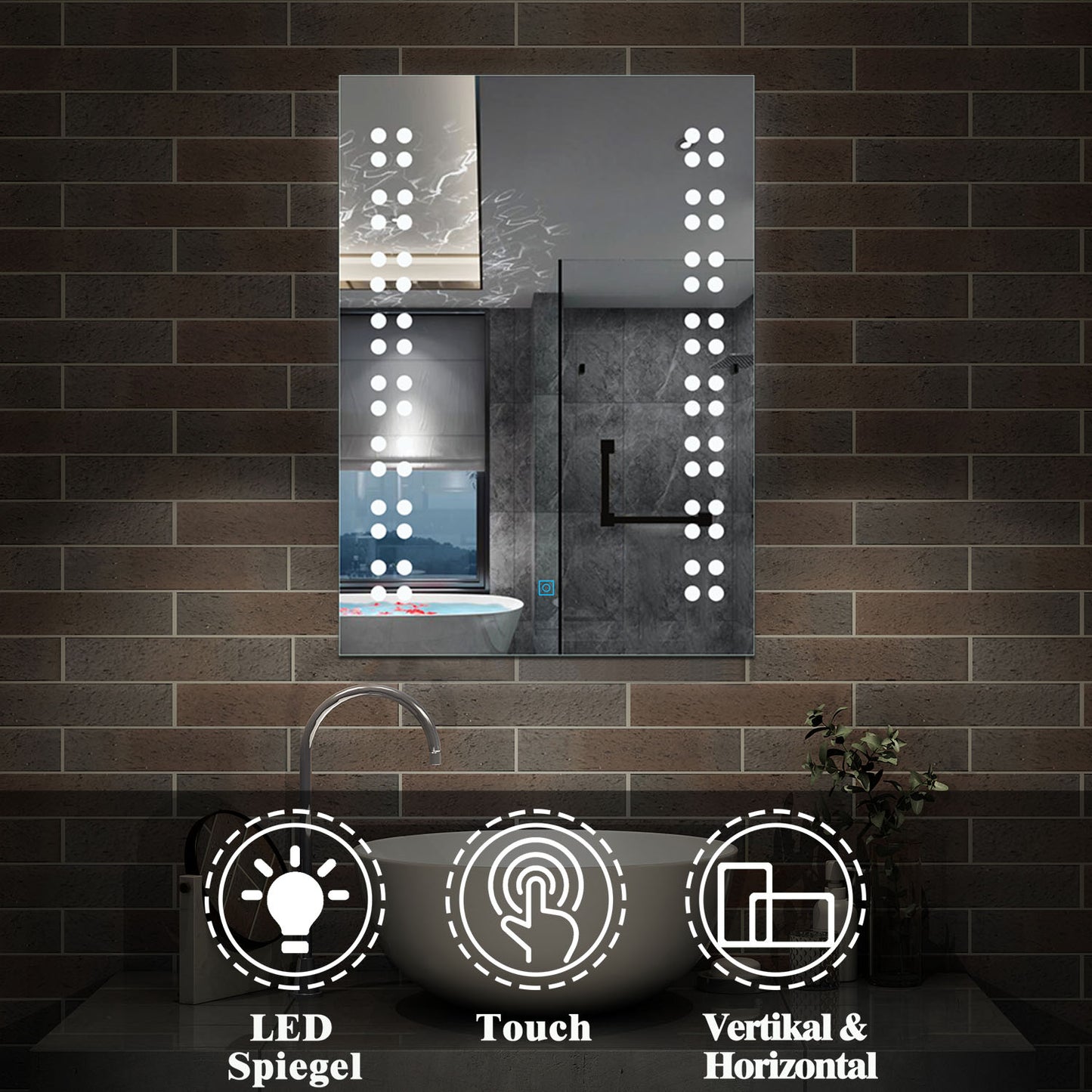 39×50 cm LED Badspiegel Wandspiegel mit Beleuchtung EINZEL Touch Kaltweiß
