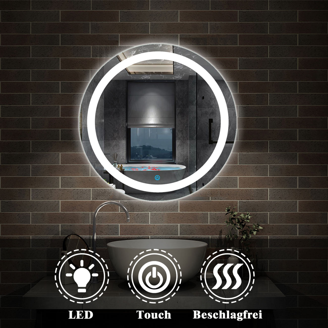 LED Badspiegel rund 50 60 70 80 90 100 cm Touch Beschlagfrei Kaltweiß Wandspiegel mit Beleuchtung
